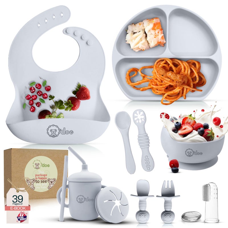 O'doe 11-Piece BPA-Free Silicone Baby Feeding Set | Thick & Soft Suction Plates, Baby Bowls, Wooden Fork & Spoon, and More | Make Mealtime Fun and Easy for Your Little One (Grey, V1) - Image 1